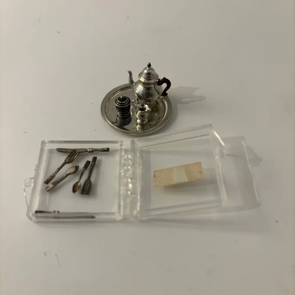 VTG Stieff Pewter Dollhouse Williamsburg Tea Set & Chrysnbon Flatware 1:12